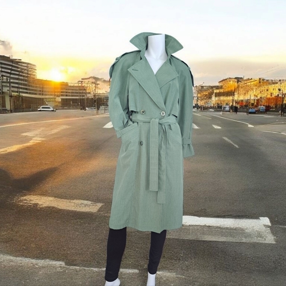 Vintage Hannah Creslona Haute Couture Green 3/4 Trench Coat Made In Canada